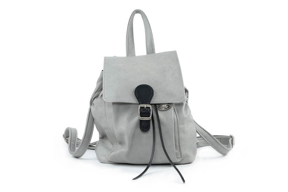 Light gray backpack purse with black clasp.